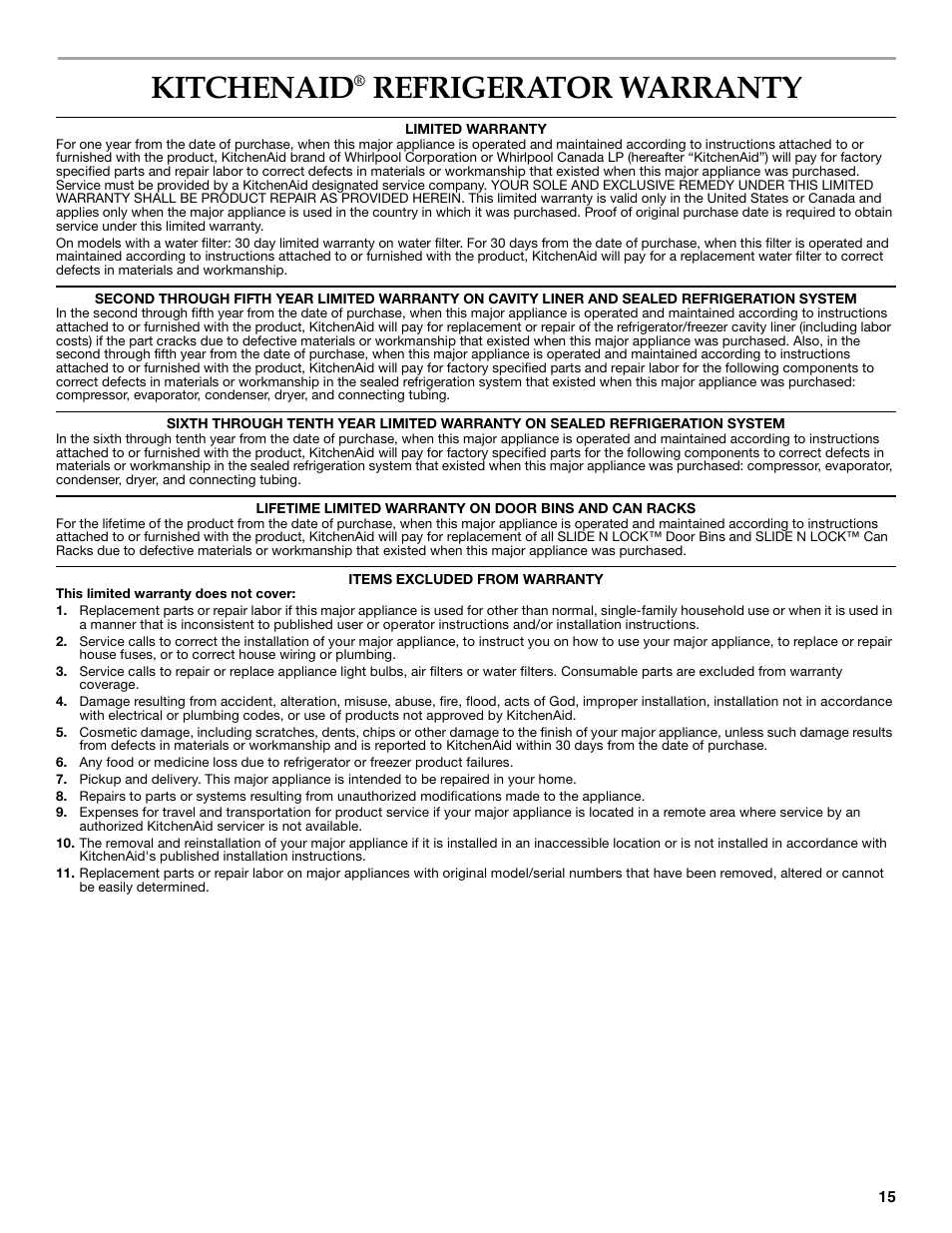 Kitchenaid, Refrigerator warranty | KITCHENAID W10206413A User Manual | Page 15 / 49