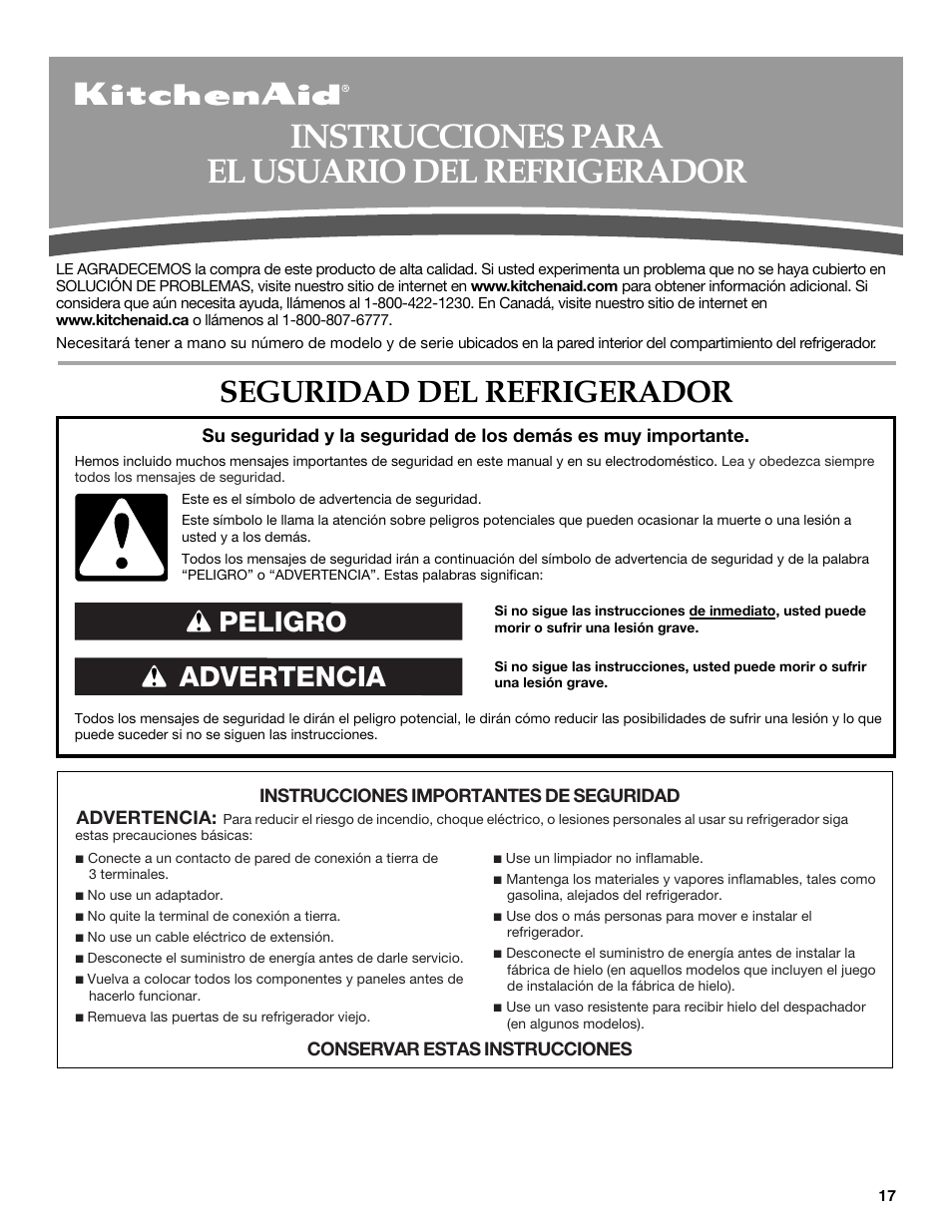 Instrucciones para el usuario del refrigerador, Seguridad del refrigerador, Advertencia peligro | KITCHENAID W10206413A User Manual | Page 17 / 49