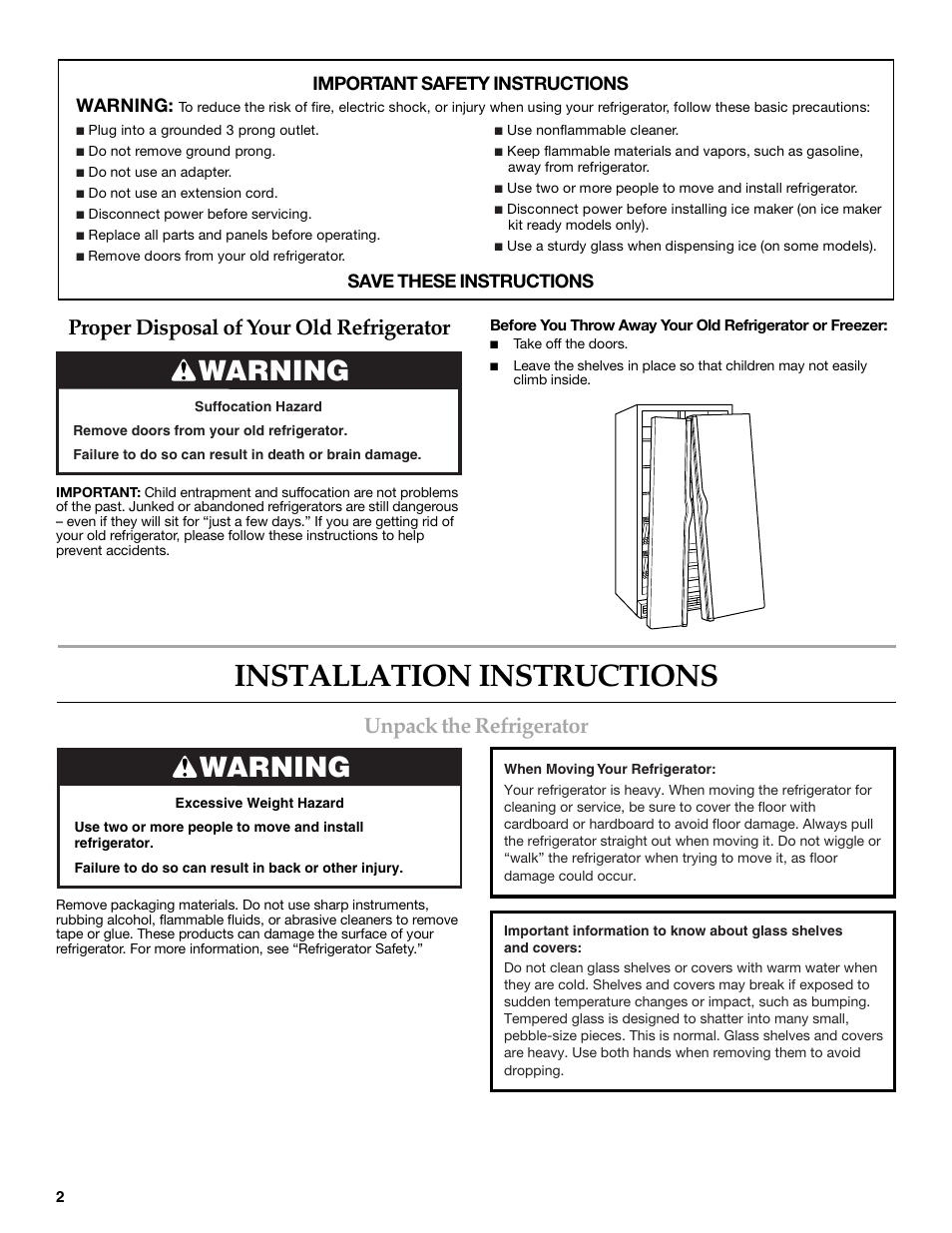 Installation instructions, Warning, Unpack the refrigerator | Proper disposal of your old refrigerator, Important safety instructions warning, Save these instructions | KITCHENAID W10206413A User Manual | Page 2 / 49