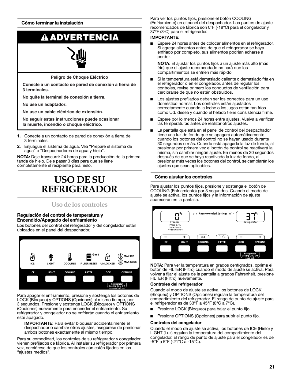 Uso de su refrigerador, Advertencia, Uso de los controles | KITCHENAID W10206413A User Manual | Page 21 / 49