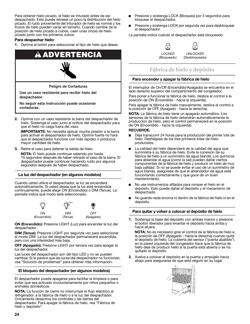 Advertencia, Fábrica de hielo y depósito | KITCHENAID W10206413A User Manual | Page 24 / 49