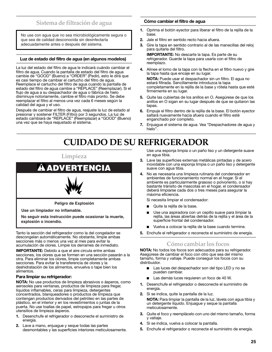 Cuidado de su refrigerador, Advertencia, Sistema de filtración de agua | Limpieza, Cómo cambiar los focos | KITCHENAID W10206413A User Manual | Page 25 / 49