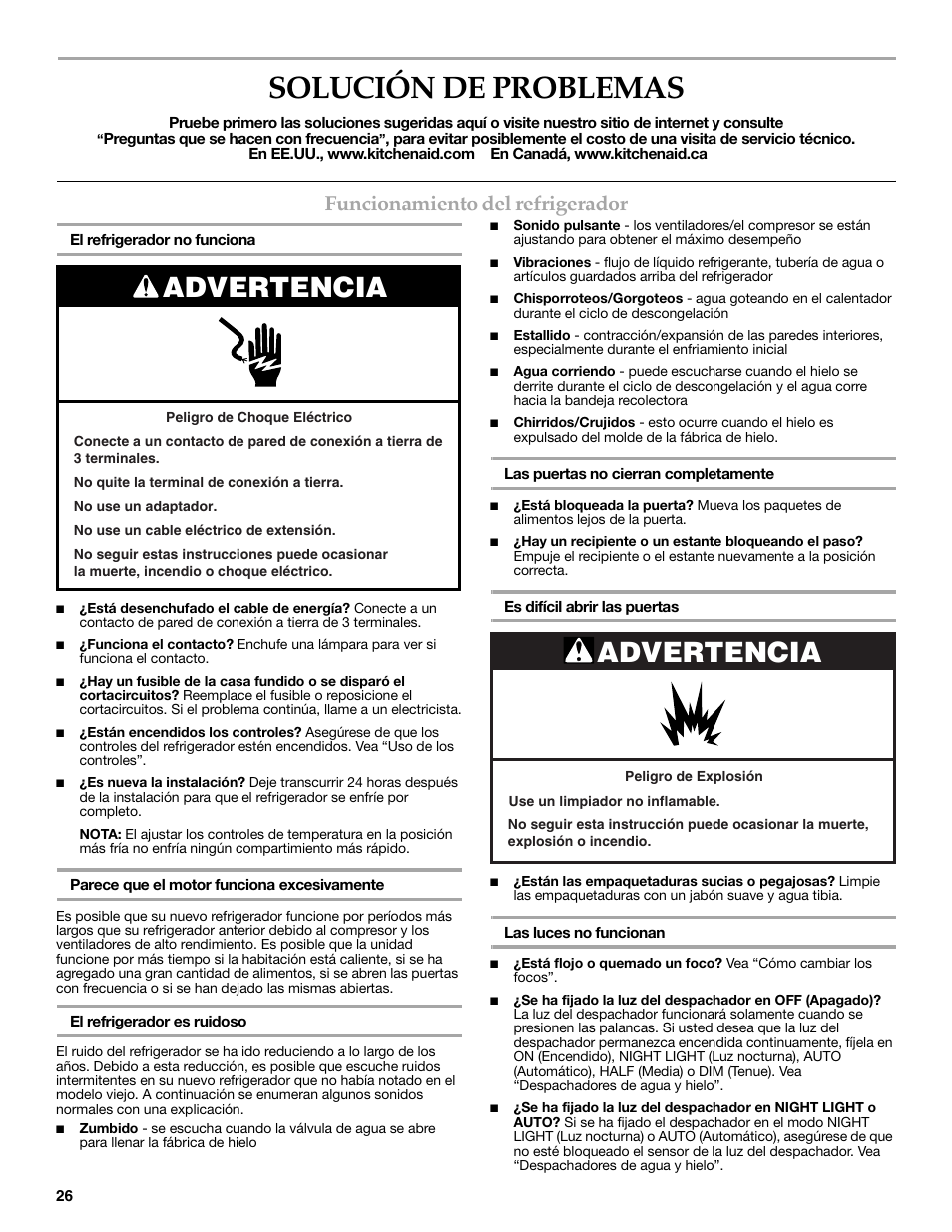 Solución de problemas, Advertencia, Funcionamiento del refrigerador | KITCHENAID W10206413A User Manual | Page 26 / 49