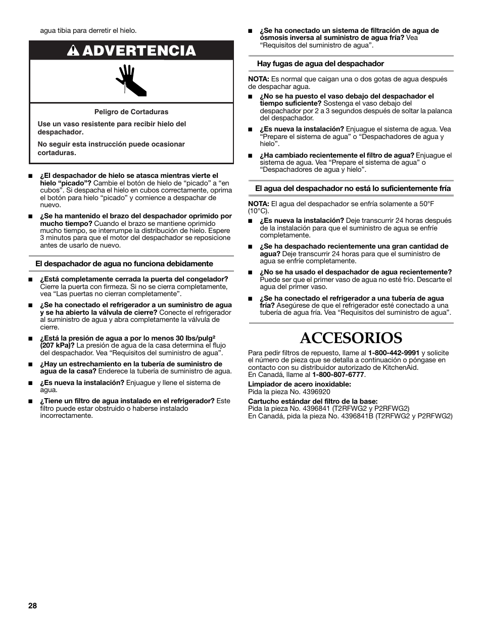 Accesorios, Advertencia | KITCHENAID W10206413A User Manual | Page 28 / 49