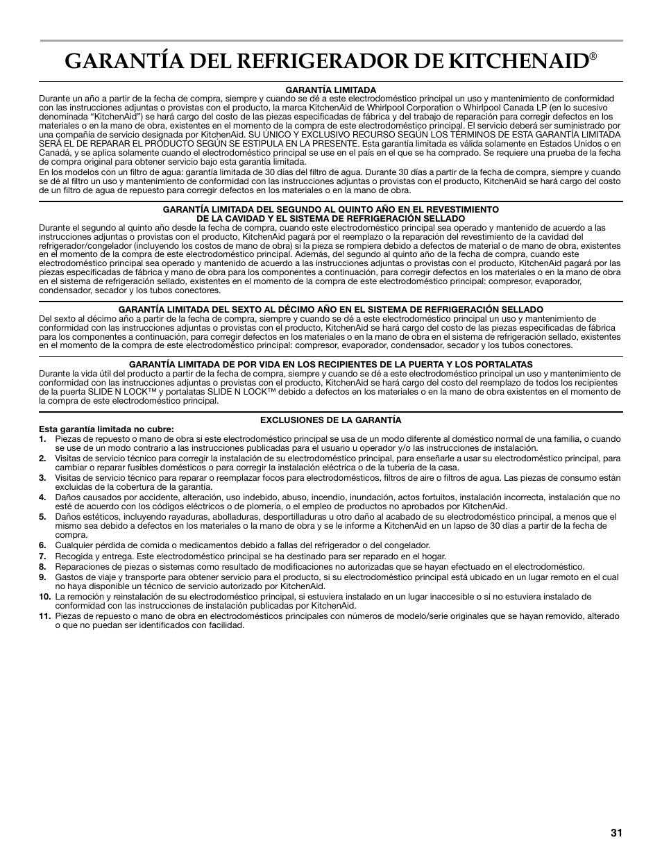 Garantía del refrigerador de kitchenaid | KITCHENAID W10206413A User Manual | Page 31 / 49