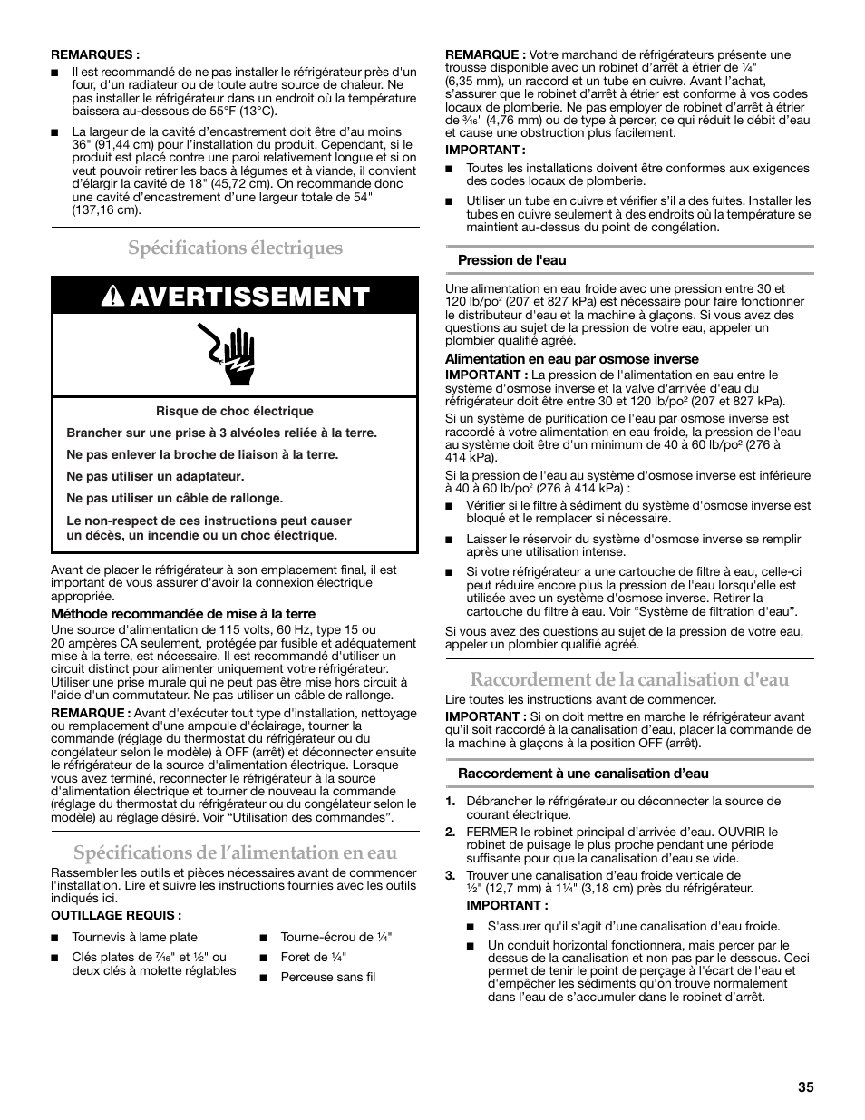 Avertissement, Spécifications électriques, Spécifications de l’alimentation en eau | Raccordement de la canalisation d'eau | KITCHENAID W10206413A User Manual | Page 35 / 49