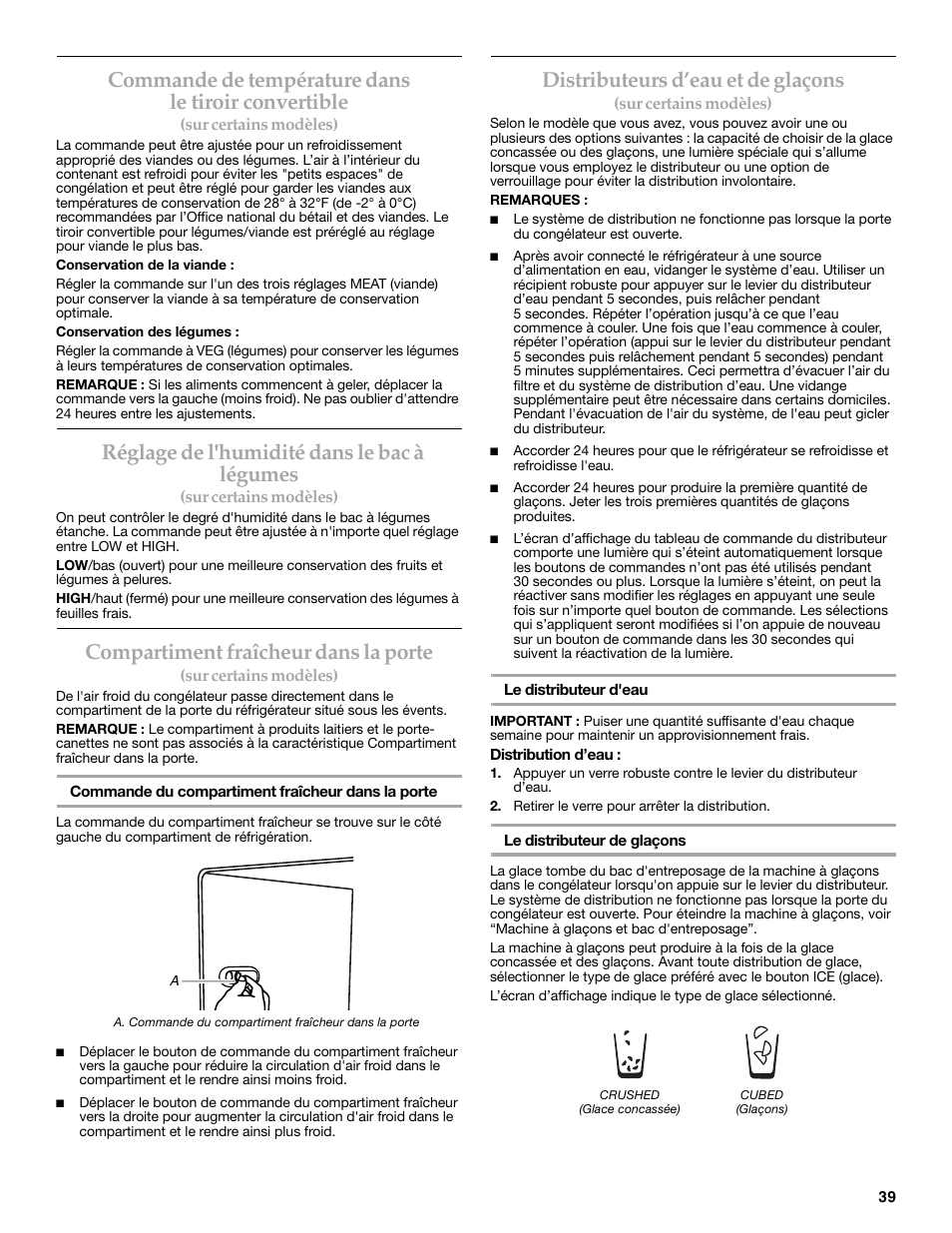 Commande de température dans le tiroir convertible, Réglage de l'humidité dans le bac à légumes, Compartiment fraîcheur dans la porte | Distributeurs d’eau et de glaçons | KITCHENAID W10206413A User Manual | Page 39 / 49