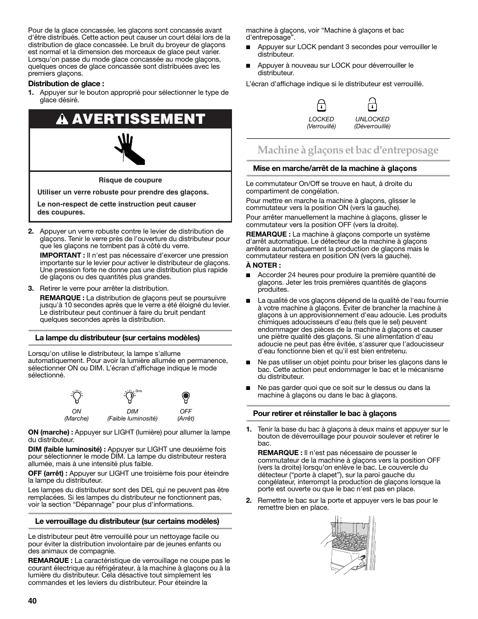 Avertissement, Machine à glaçons et bac d'entreposage | KITCHENAID W10206413A User Manual | Page 40 / 49