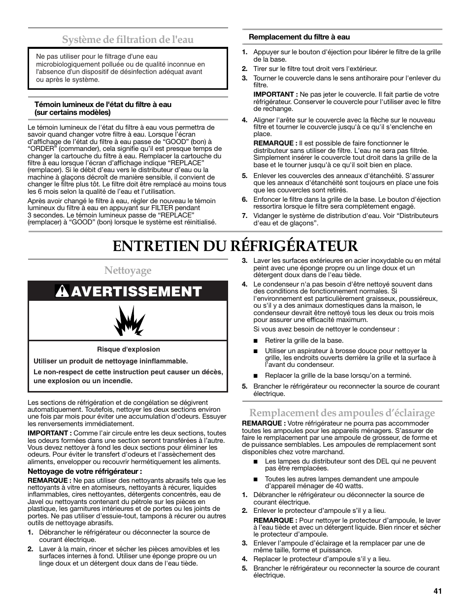 Entretien du réfrigérateur, Avertissement, Système de filtration de l'eau | Nettoyage, Remplacement des ampoules d’éclairage | KITCHENAID W10206413A User Manual | Page 41 / 49
