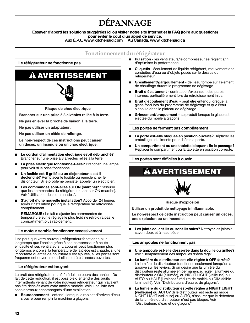 Dépannage, Avertissement, Fonctionnement du réfrigérateur | KITCHENAID W10206413A User Manual | Page 42 / 49