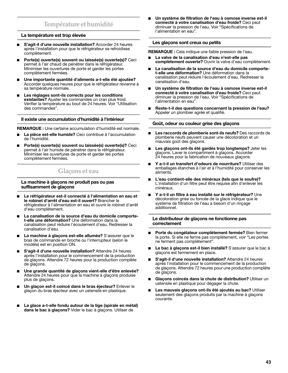 Température et humidité, Glaçons et eau | KITCHENAID W10206413A User Manual | Page 43 / 49