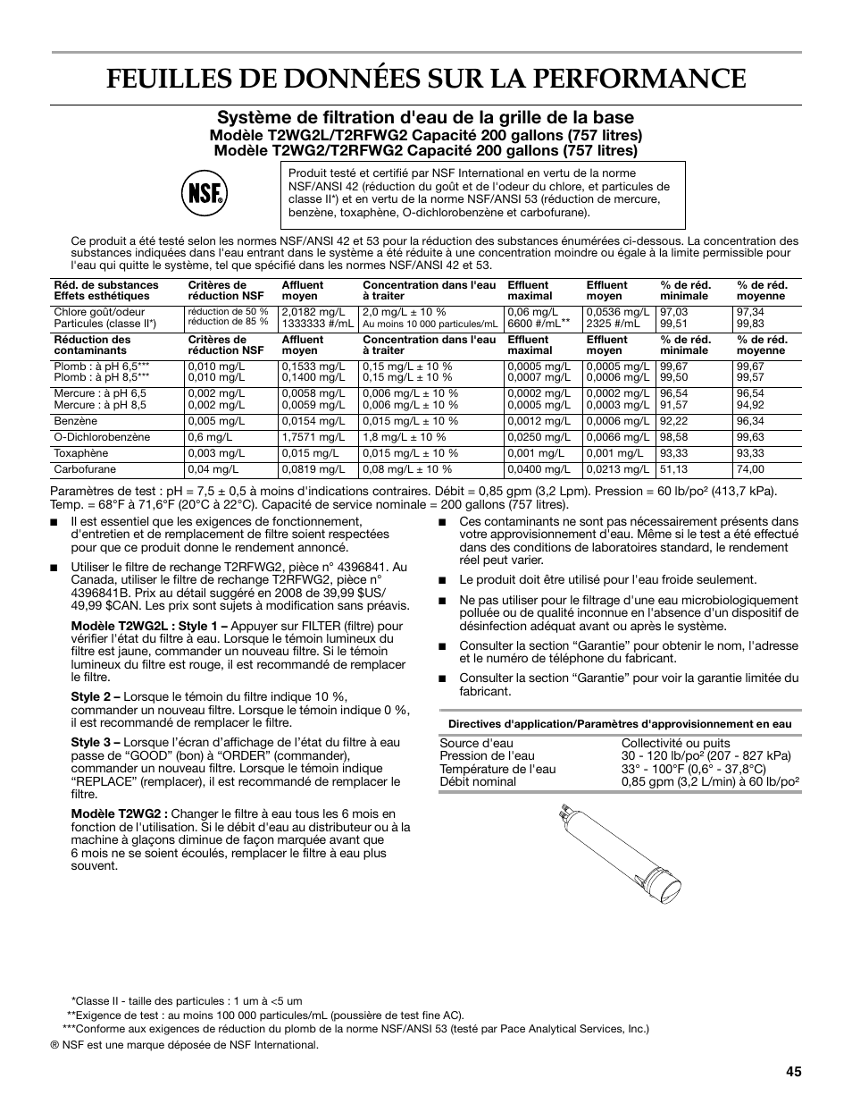 Feuilles de données sur la performance | KITCHENAID W10206413A User Manual | Page 45 / 49