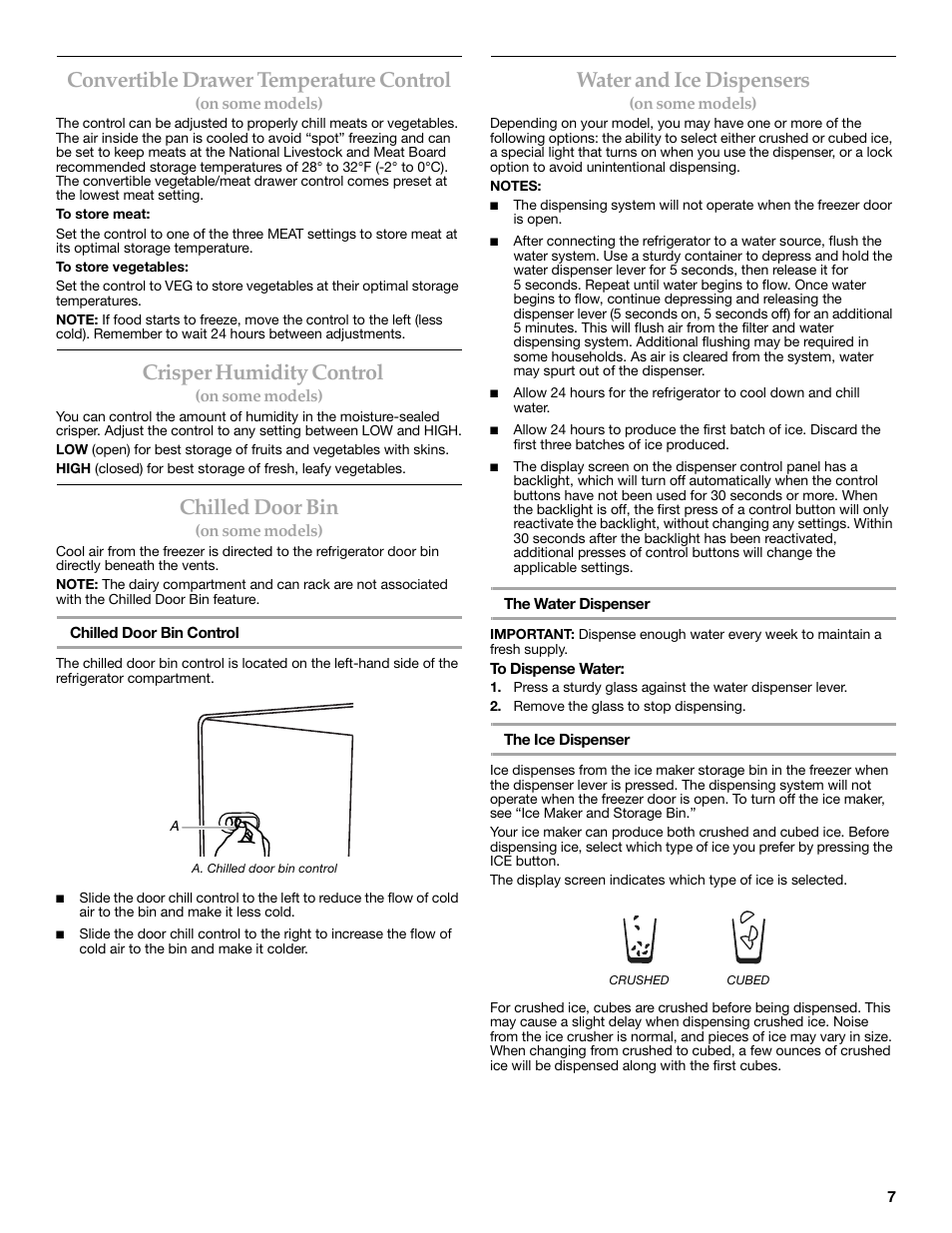 Convertible drawer temperature control, Crisper humidity control, Chilled door bin | Water and ice dispensers | KITCHENAID W10206413A User Manual | Page 7 / 49