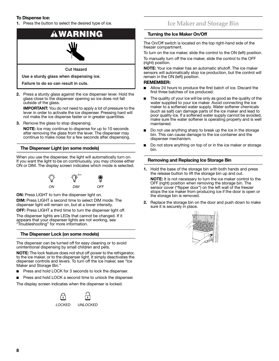 Warning, Ice maker and storage bin | KITCHENAID W10206413A User Manual | Page 8 / 49