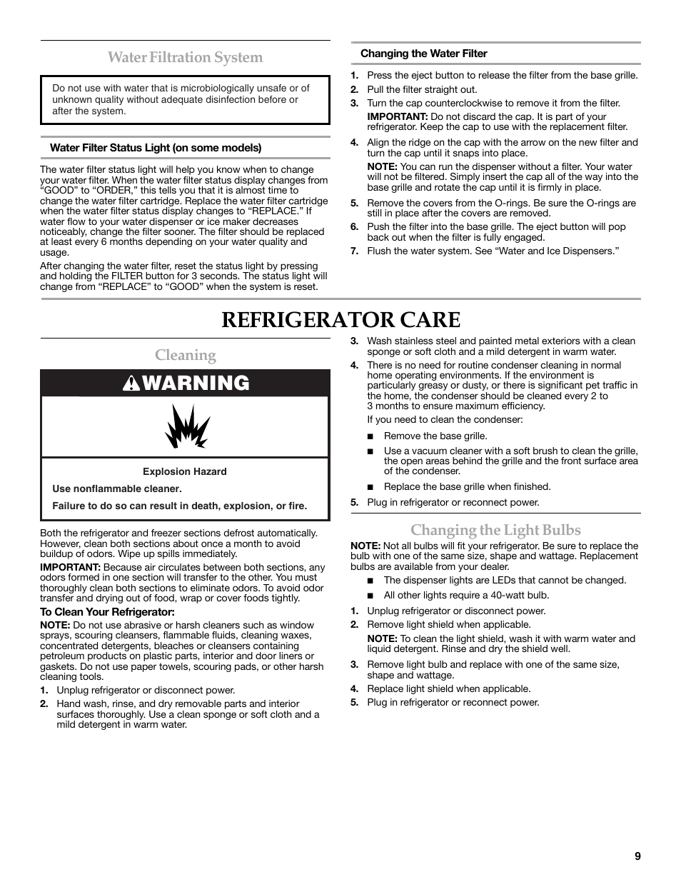 Refrigerator care, Warning, Water filtration system | Cleaning, Changing the light bulbs | KITCHENAID W10206413A User Manual | Page 9 / 49