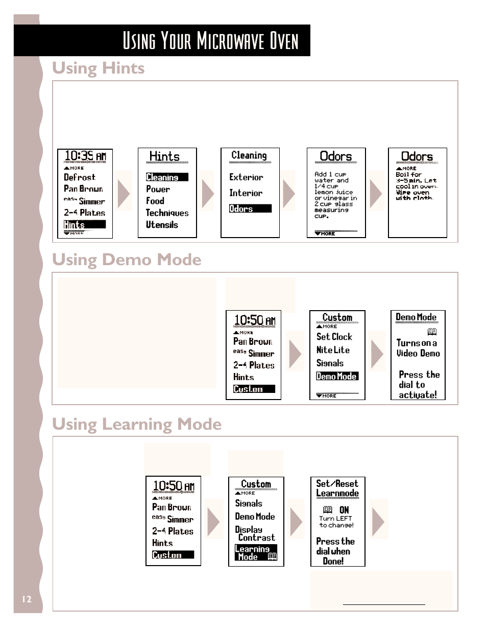 Using hints, Using demo mode, Using learning mode | Using your microwave oven, Using demo mode using learning mode | KITCHENAID KHMS147H User Manual | Page 12 / 28