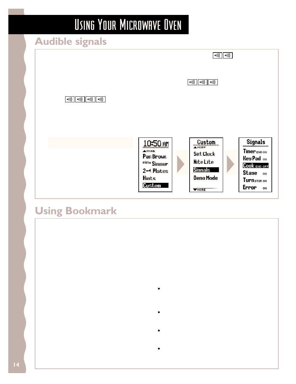 Audible signals, Using bookmark, Using your microwave oven | KITCHENAID KHMS147H User Manual | Page 14 / 28