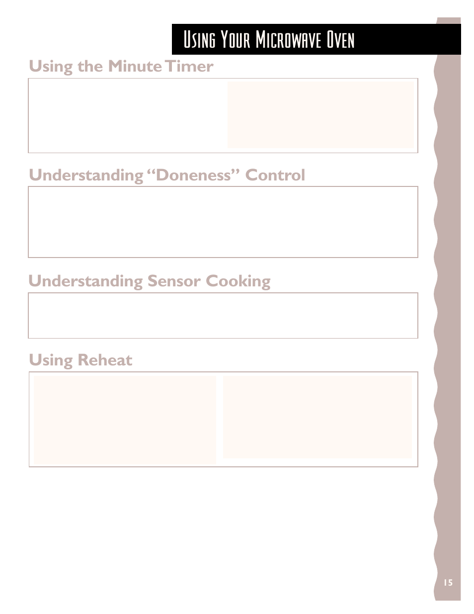 Using the minute timer, Understanding “doneness” control, Understanding sensor cooking | Using reheat, Using your microwave oven, Using the minute timer using reheat | KITCHENAID KHMS147H User Manual | Page 15 / 28