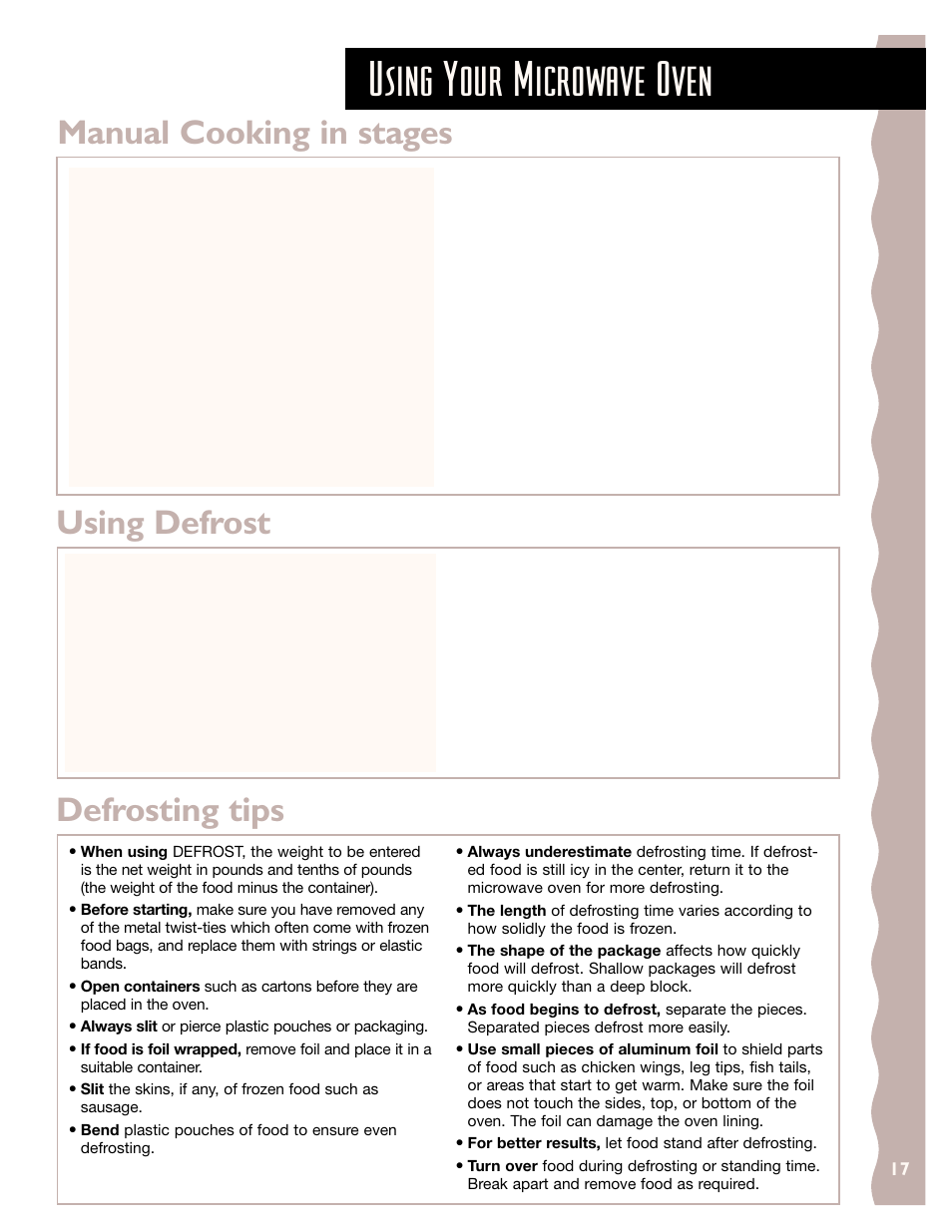 Manual cooking in stages, Using defrost, Defrosting tips | Using your microwave oven, Manual cooking in stages using defrost | KITCHENAID KHMS147H User Manual | Page 17 / 28