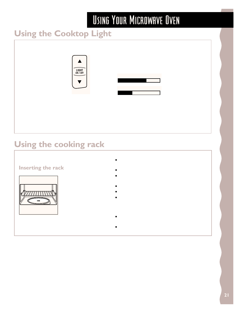 Using the cooktop light, Using the cooking rack, Using your microwave oven | Using the cooking rack using the cooktop light, Inserting the rack | KITCHENAID KHMS147H User Manual | Page 21 / 28