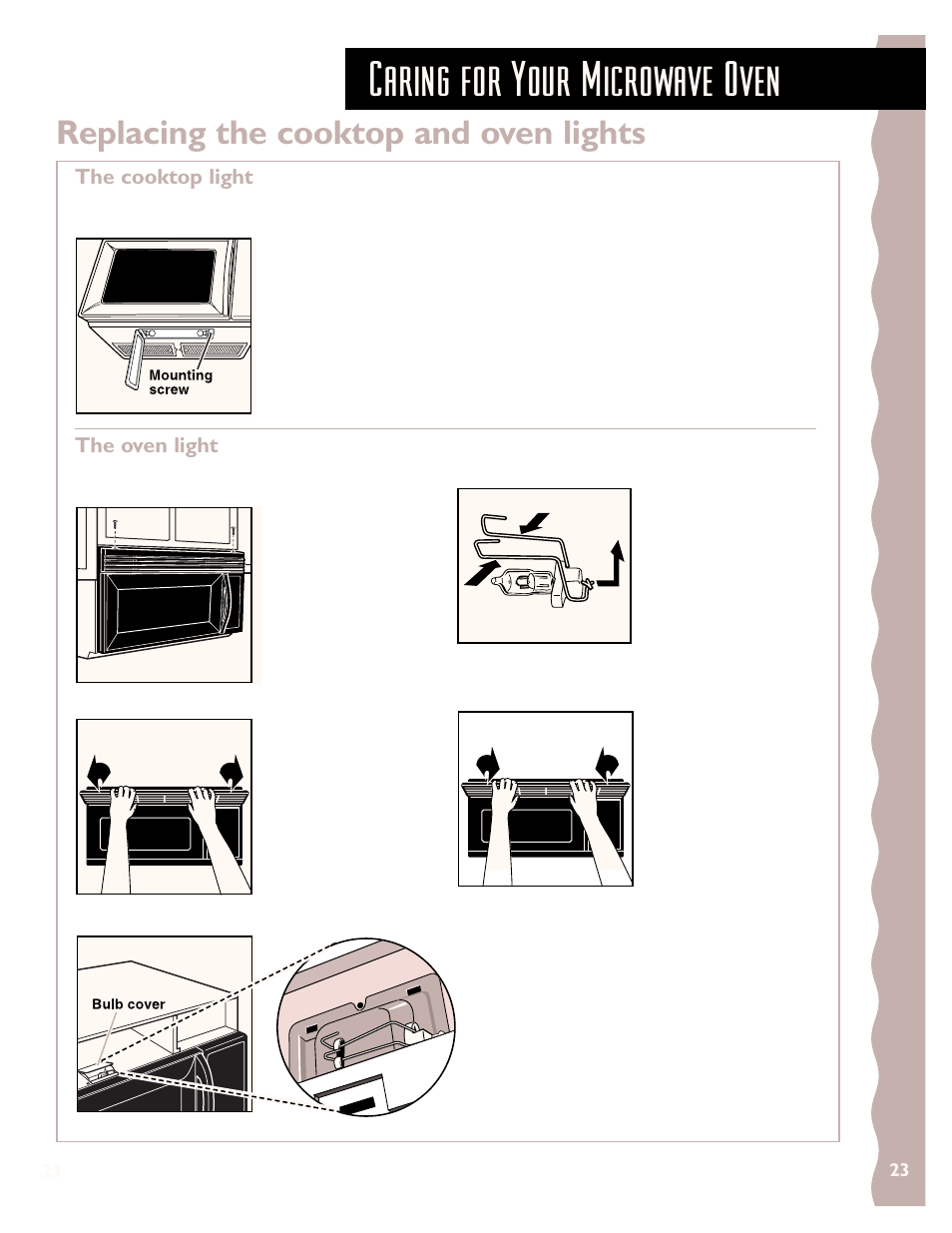 Caring for your microwave oven, Replacing the cooktop and oven lights | KITCHENAID KHMS147H User Manual | Page 23 / 28