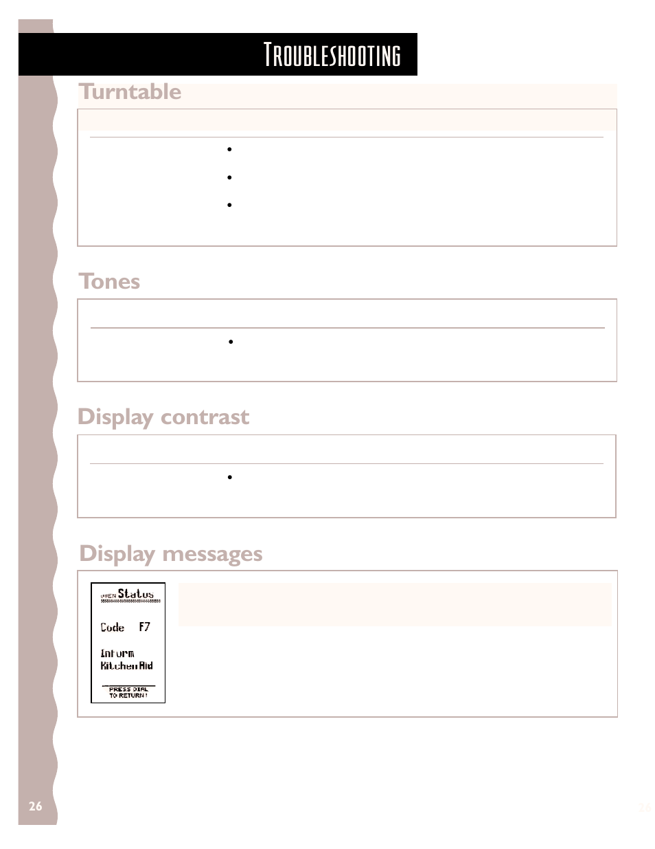 Troubleshooting, Turntable, Tones | Display messages, Display contrast | KITCHENAID KHMS147H User Manual | Page 26 / 28