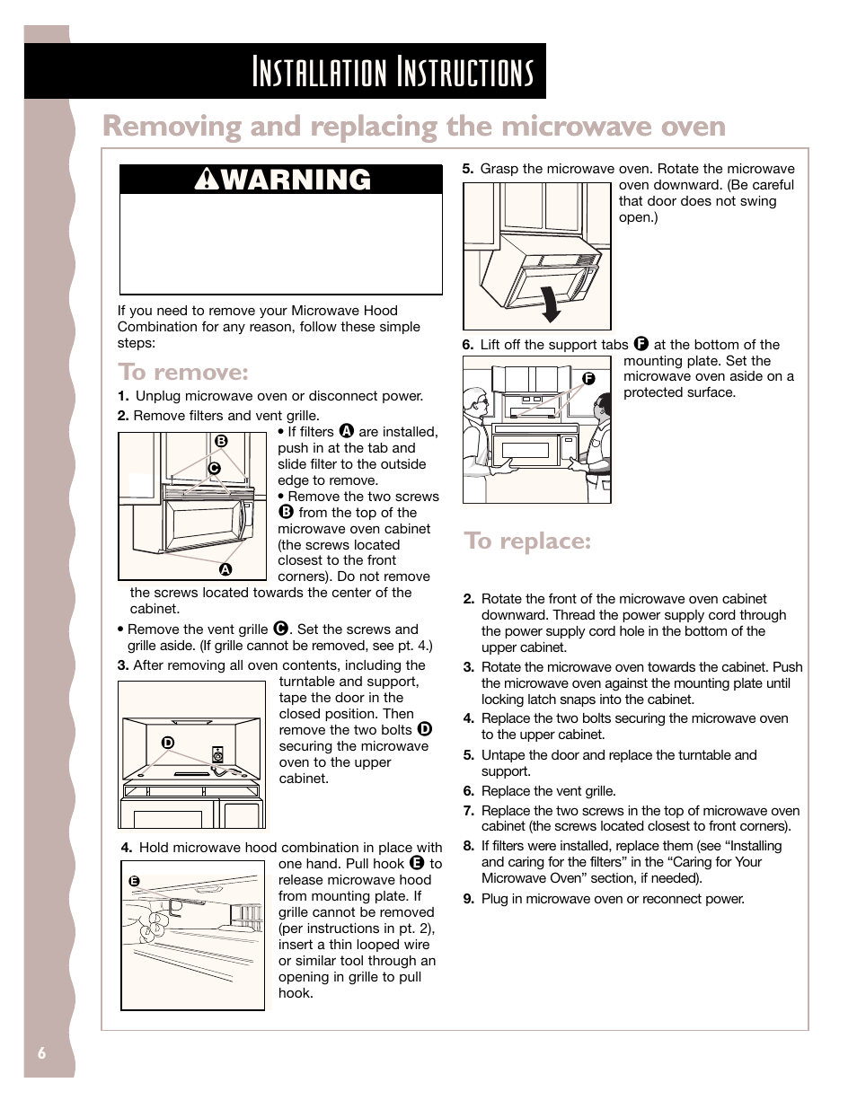 Installation instructions, Removing and replacing the microwave oven, Wwarning | KITCHENAID KHMS147H User Manual | Page 6 / 28