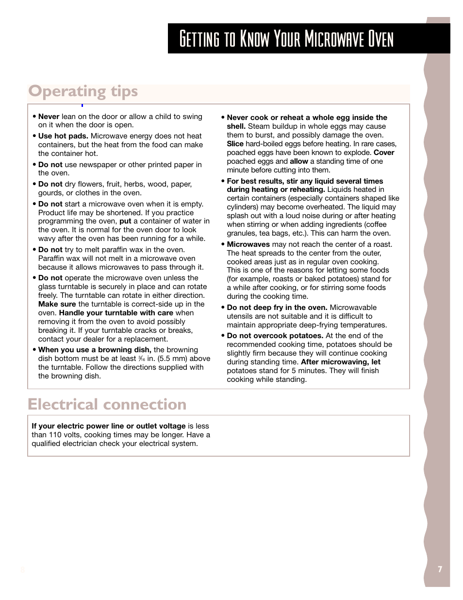 Getting to know your microwave oven, Operating tips, Electrical connection | KITCHENAID KHMS147H User Manual | Page 7 / 28