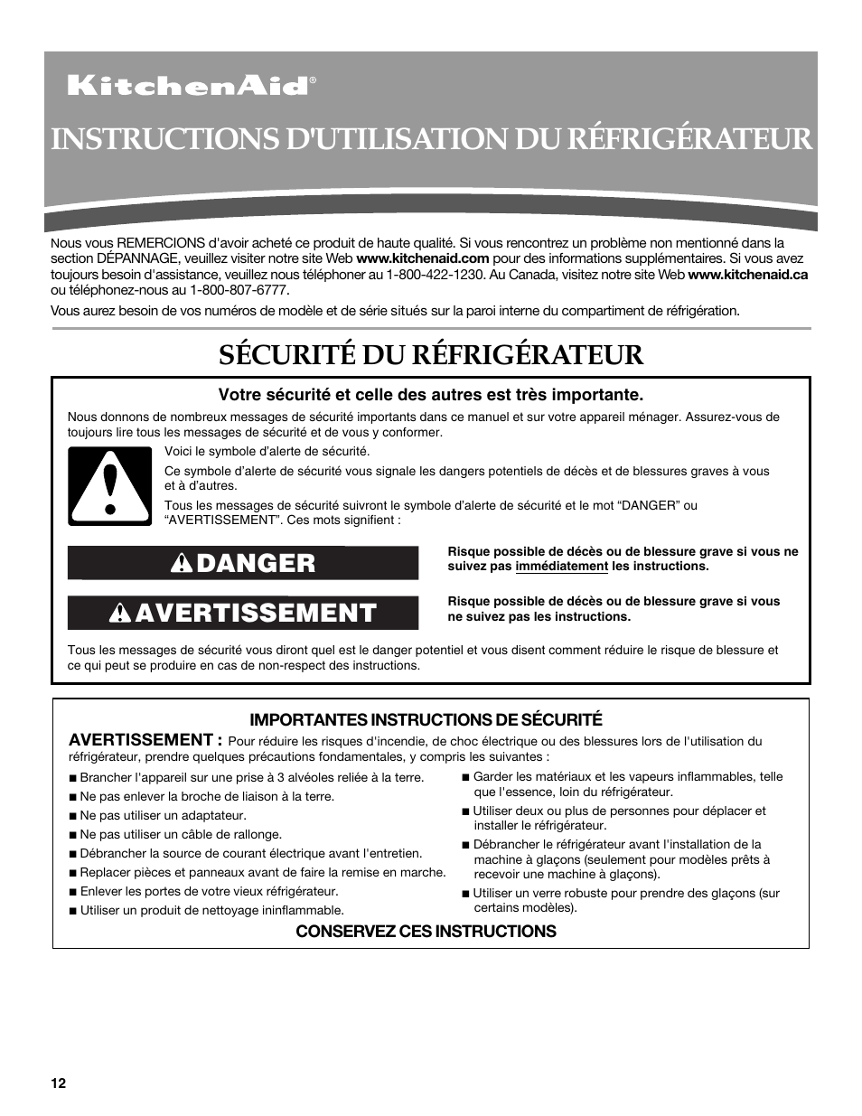 Instructions d'utilisation du réfrigérateur, Sécurité du réfrigérateur, Avertissement danger | KITCHENAID W10162462A User Manual | Page 12 / 24
