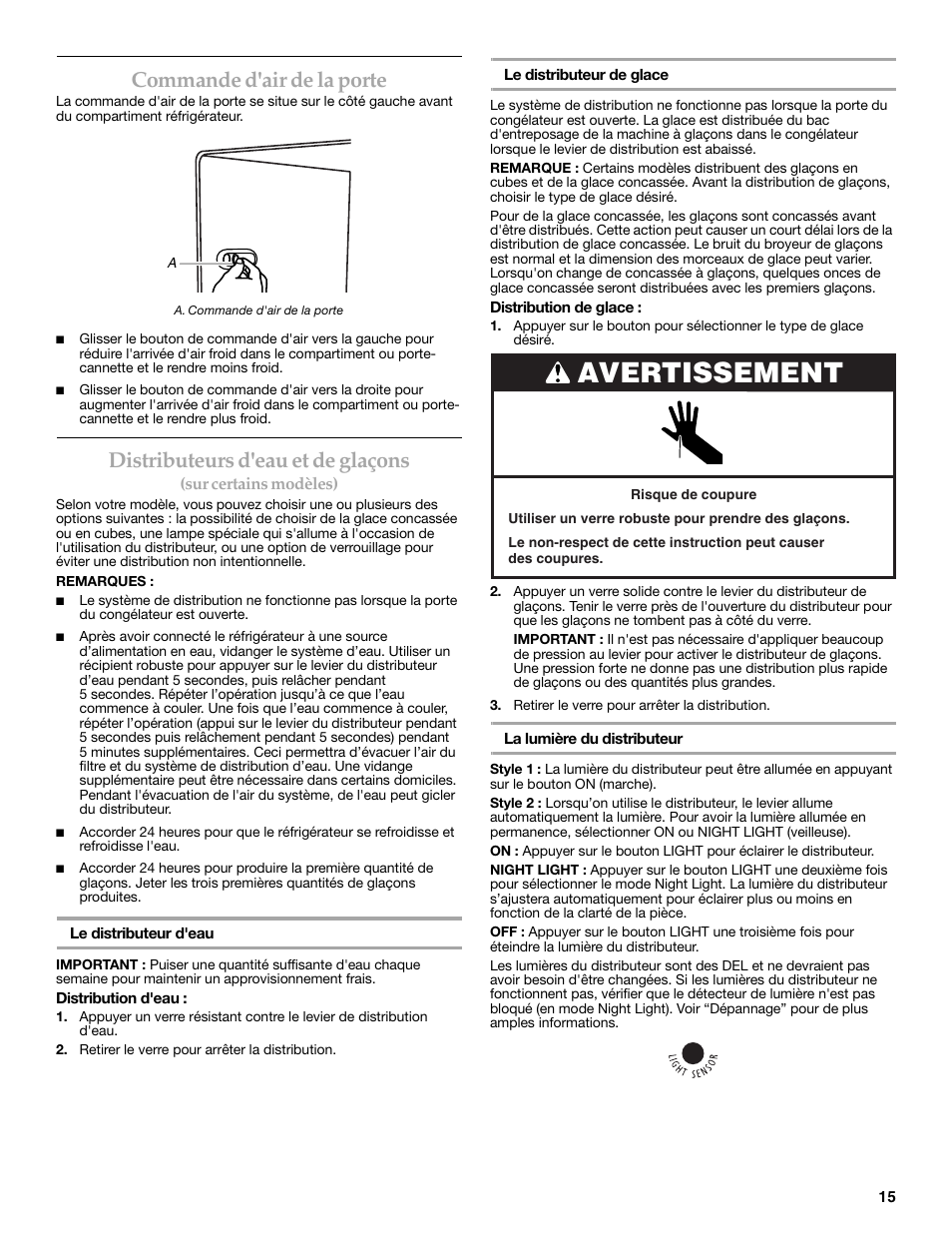 Avertissement, Commande d'air de la porte, Distributeurs d'eau et de glaçons | KITCHENAID W10162462A User Manual | Page 15 / 24