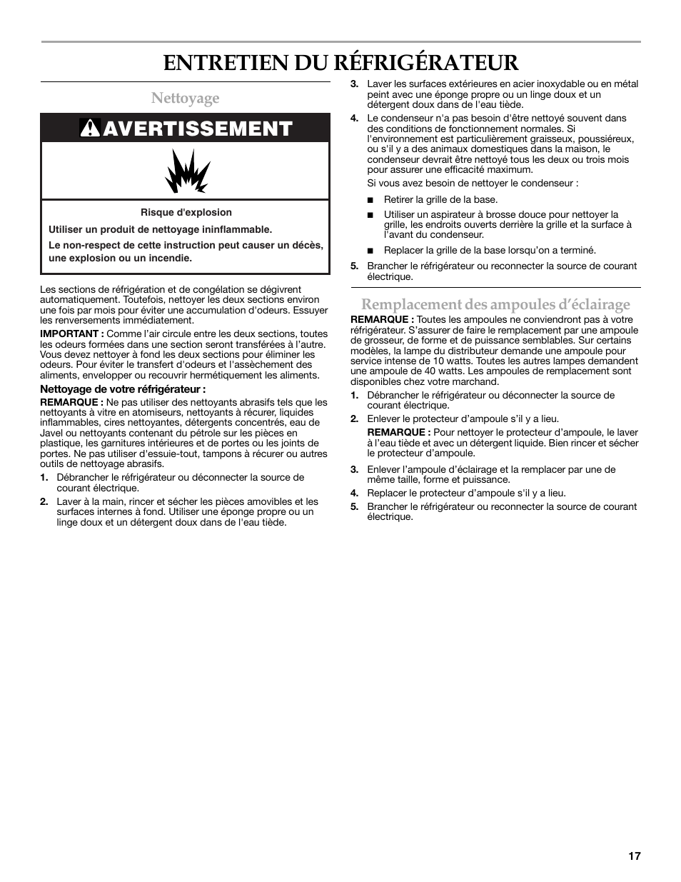 Entretien du réfrigérateur, Avertissement, Nettoyage | Remplacement des ampoules d’éclairage | KITCHENAID W10162462A User Manual | Page 17 / 24