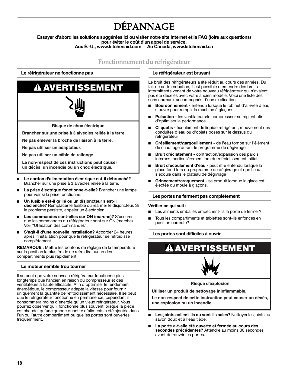 Dépannage, Avertissement, Fonctionnement du réfrigérateur | KITCHENAID W10162462A User Manual | Page 18 / 24