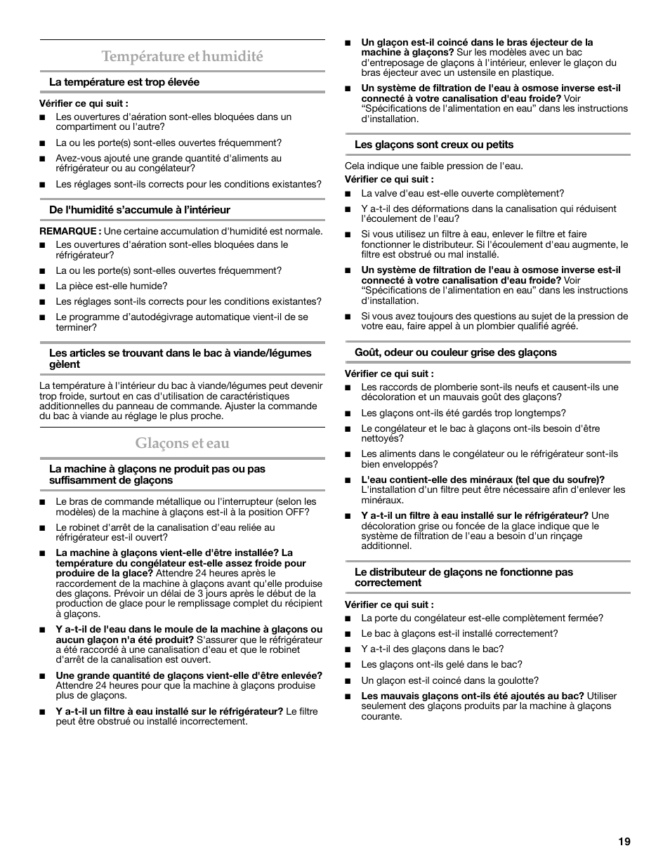 Température et humidité, Glaçons et eau | KITCHENAID W10162462A User Manual | Page 19 / 24
