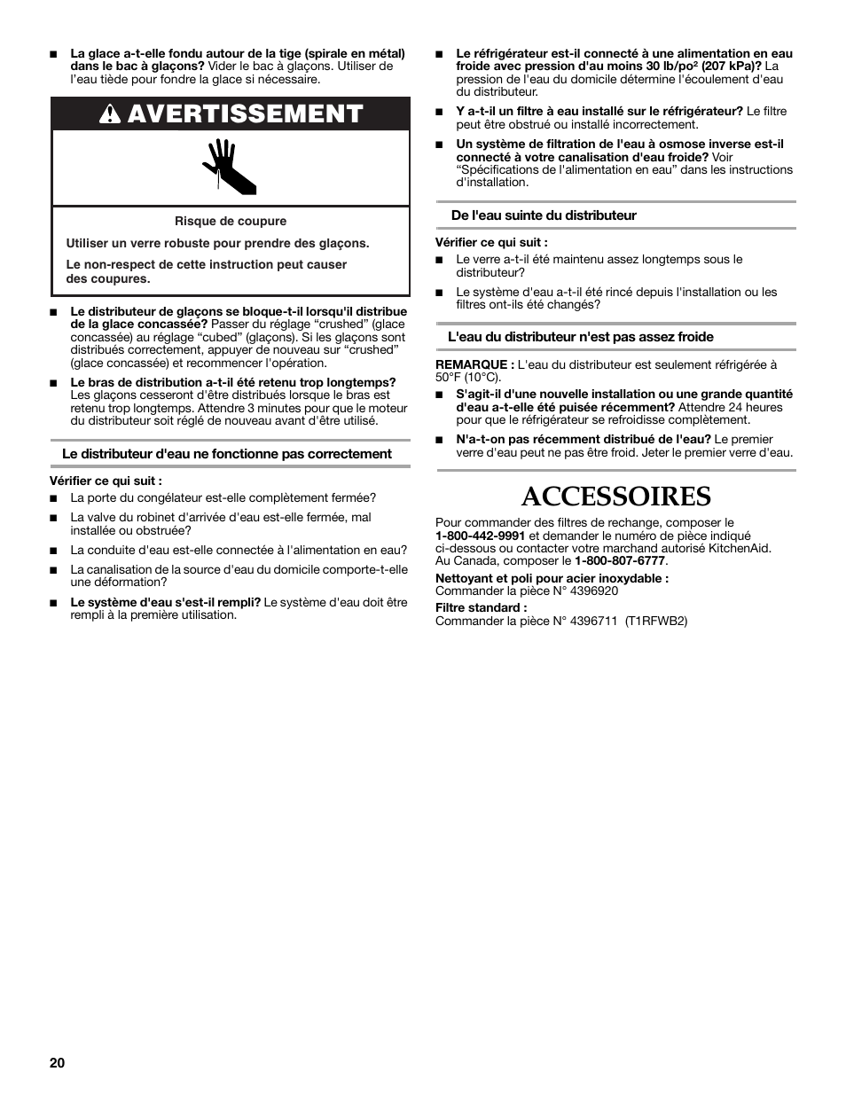 Accessoires, Avertissement | KITCHENAID W10162462A User Manual | Page 20 / 24