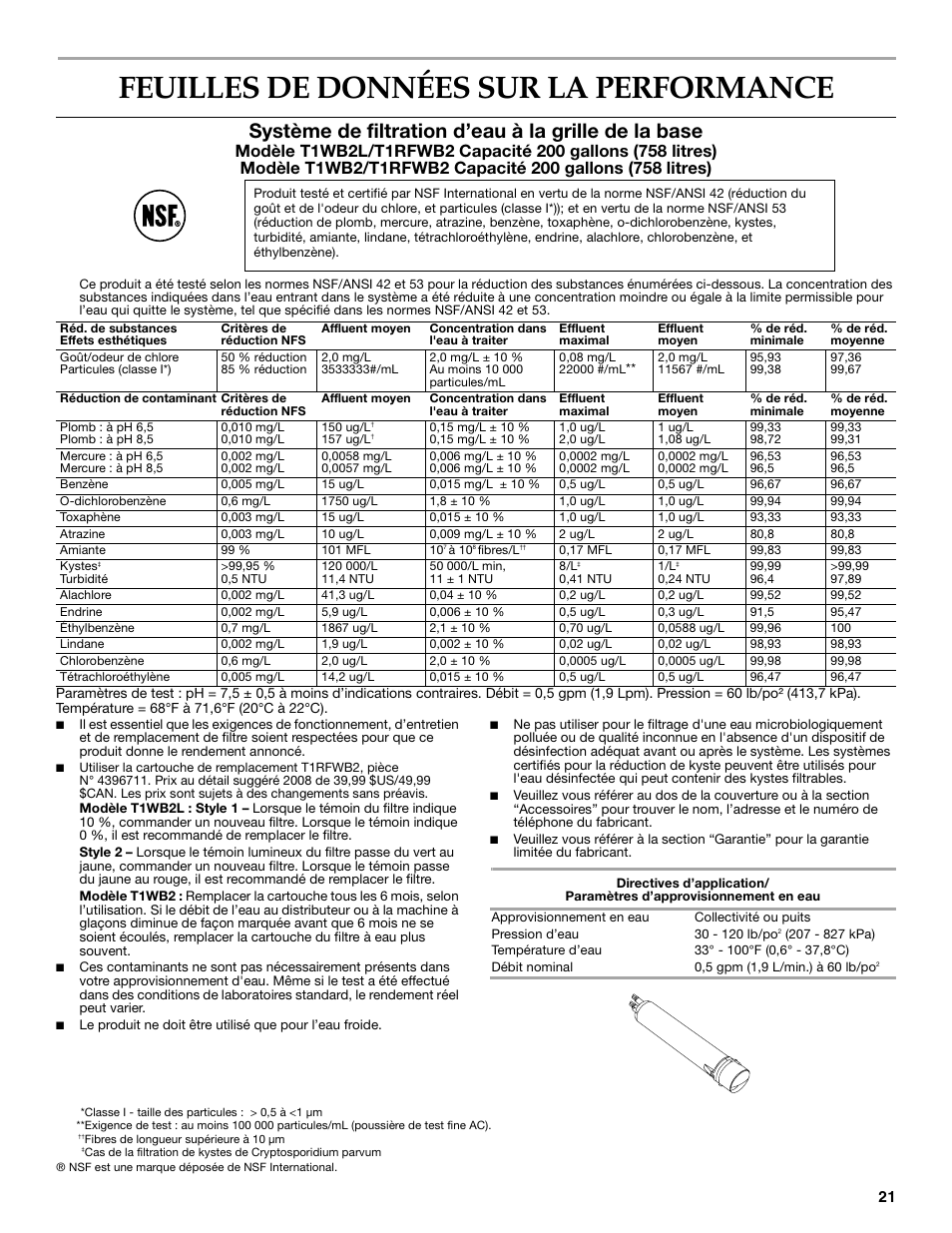 Feuilles de données sur la performance, Système de filtration d’eau à la grille de la base | KITCHENAID W10162462A User Manual | Page 21 / 24