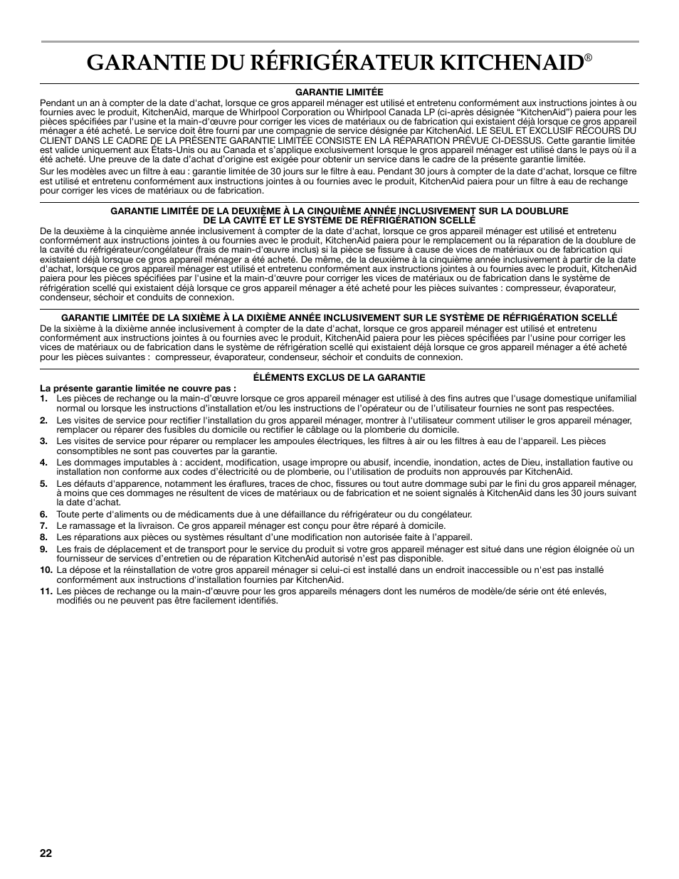 Garantie du réfrigérateur kitchenaid | KITCHENAID W10162462A User Manual | Page 22 / 24