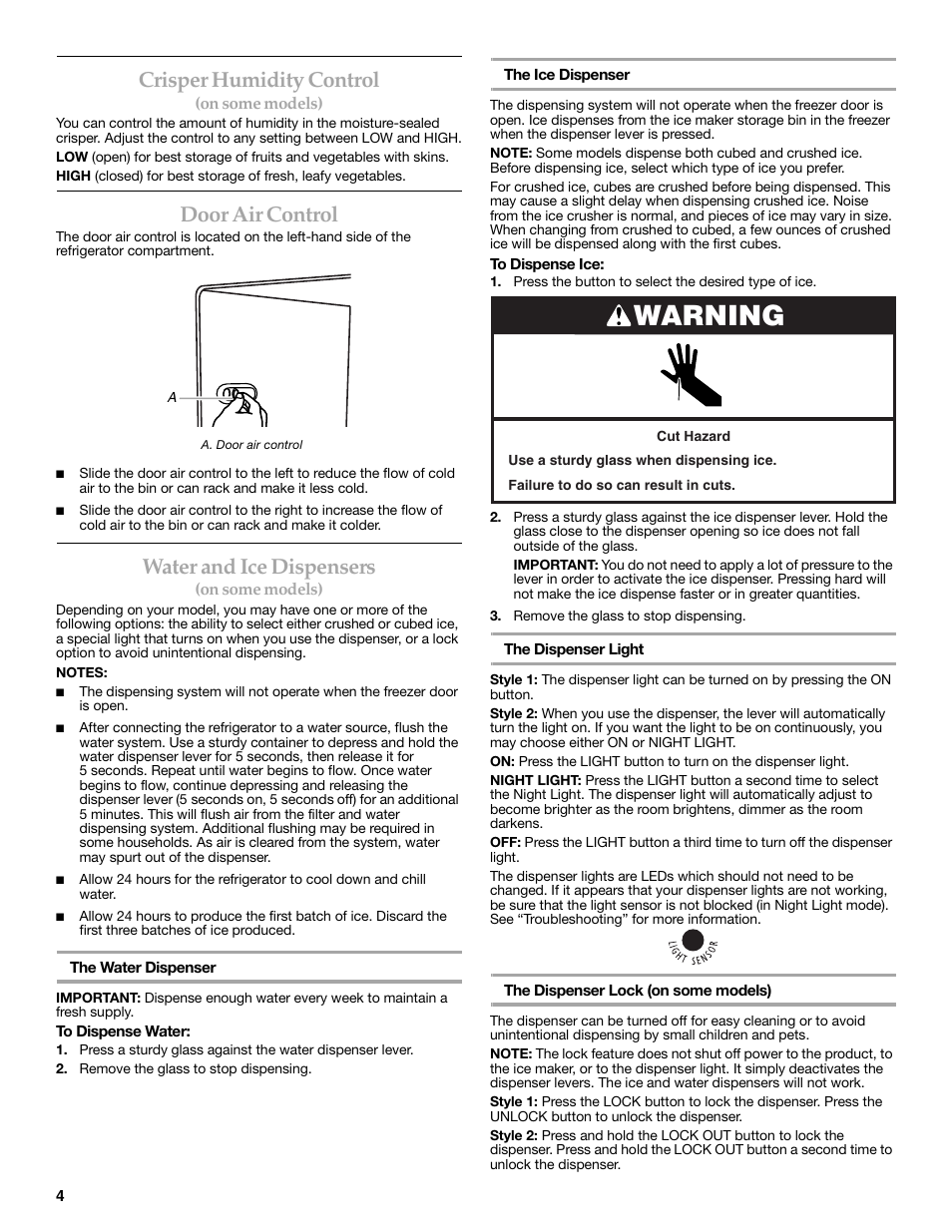 Warning, Crisper humidity control, Door air control | Water and ice dispensers | KITCHENAID W10162462A User Manual | Page 4 / 24