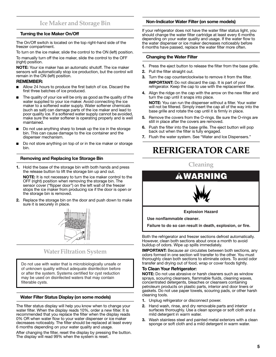 Refrigerator care, Warning, Ice maker and storage bin | Water filtration system, Cleaning | KITCHENAID W10162462A User Manual | Page 5 / 24