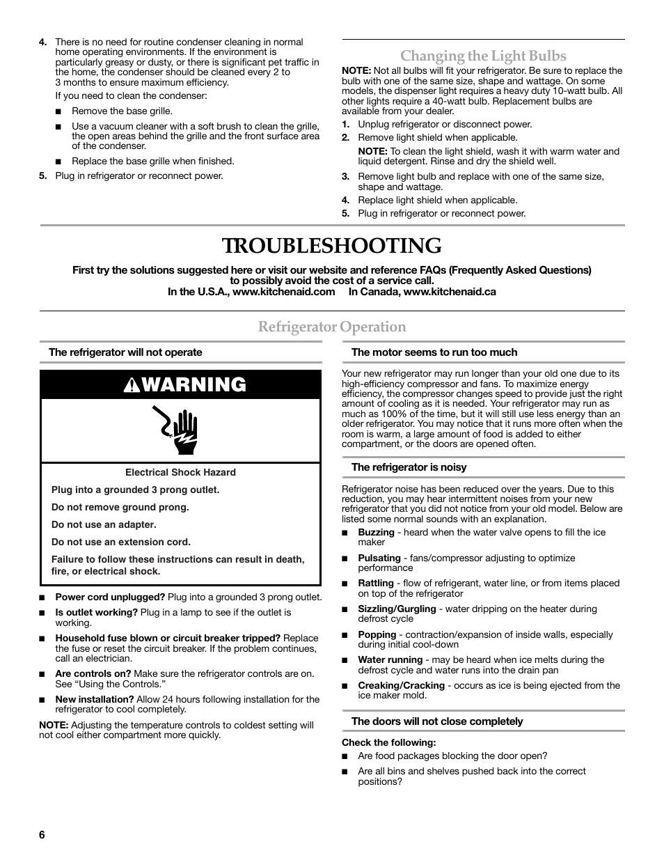 Troubleshooting, Warning, Changing the light bulbs | Refrigerator operation | KITCHENAID W10162462A User Manual | Page 6 / 24