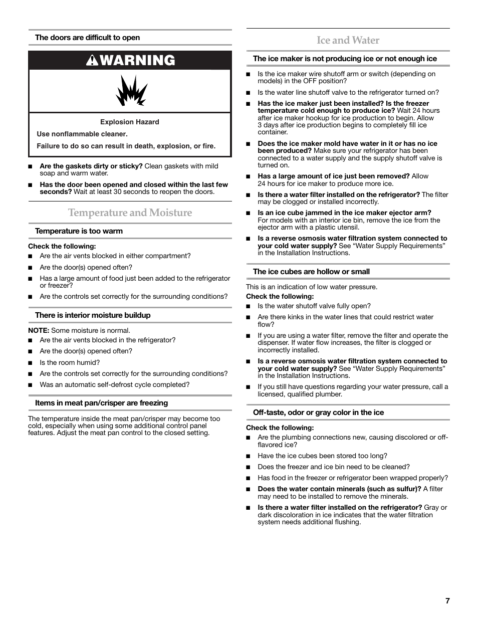 Warning, Temperature and moisture, Ice and water | KITCHENAID W10162462A User Manual | Page 7 / 24