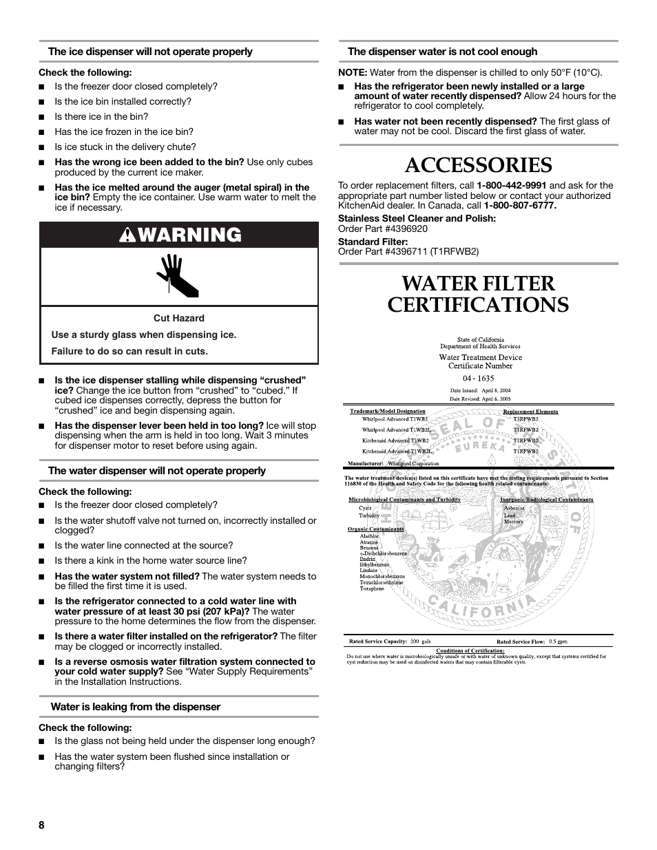 Accessories, Water filter certifications, Warning | KITCHENAID W10162462A User Manual | Page 8 / 24