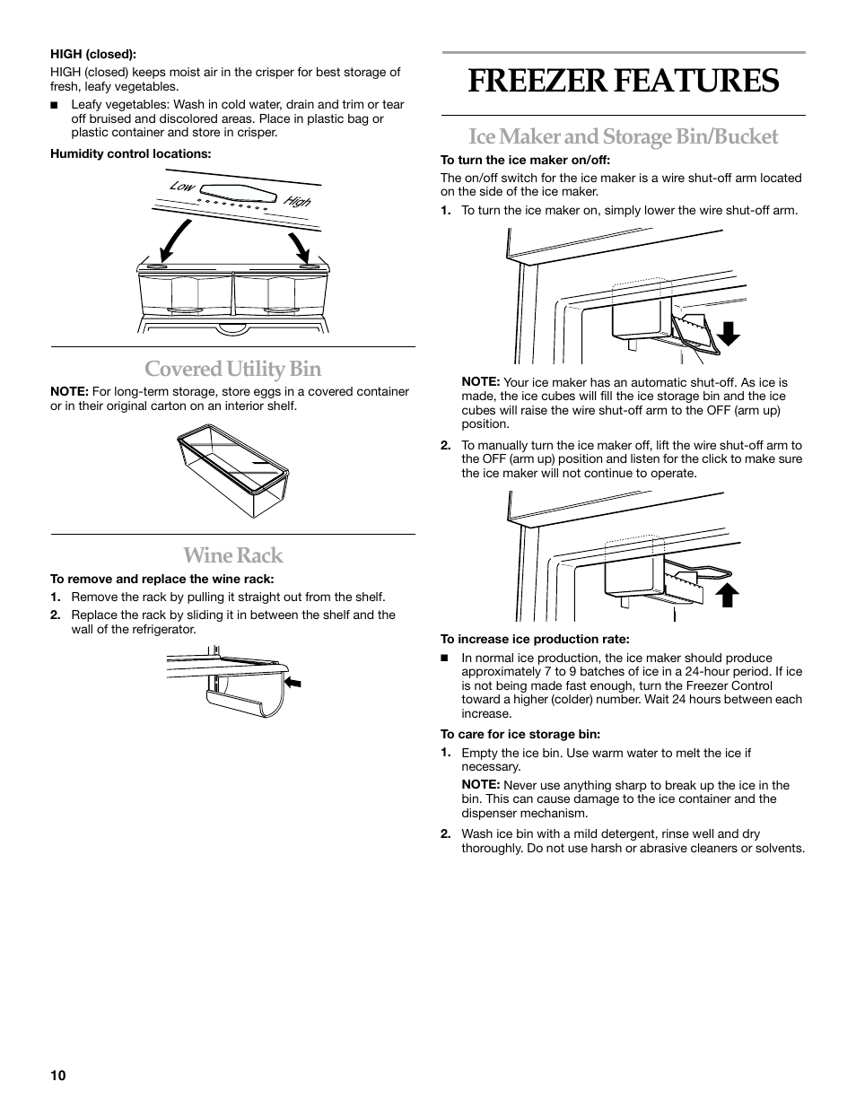 Freezer features, Covered utility bin, Wine rack | Ice maker and storage bin/bucket | KITCHENAID 2215851A User Manual | Page 10 / 51