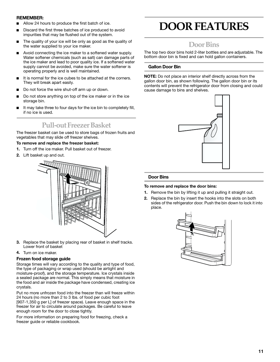 Door features, Pull-out freezer basket, Door bins | KITCHENAID 2215851A User Manual | Page 11 / 51