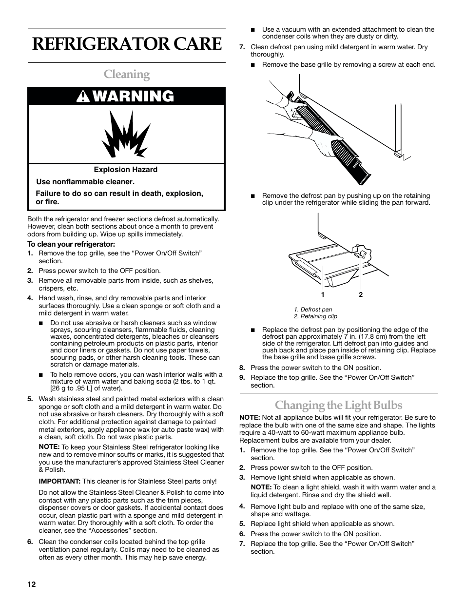 Refrigerator care, Cleaning, Changing the light bulbs | KITCHENAID 2215851A User Manual | Page 12 / 51