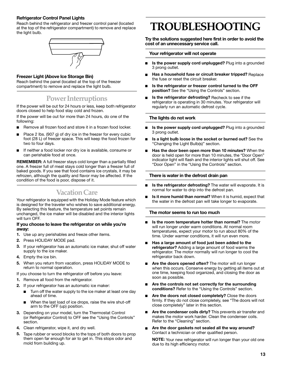 Troubleshooting, Power interruptions, Vacation care | KITCHENAID 2215851A User Manual | Page 13 / 51