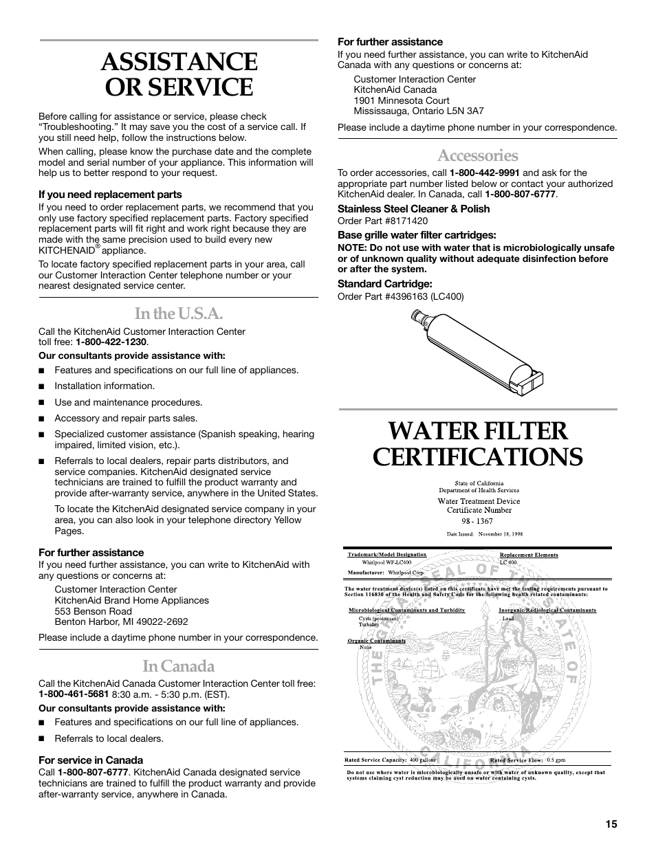 Assistance or service, Water filter certifications, Accessories | KITCHENAID 2215851A User Manual | Page 15 / 51