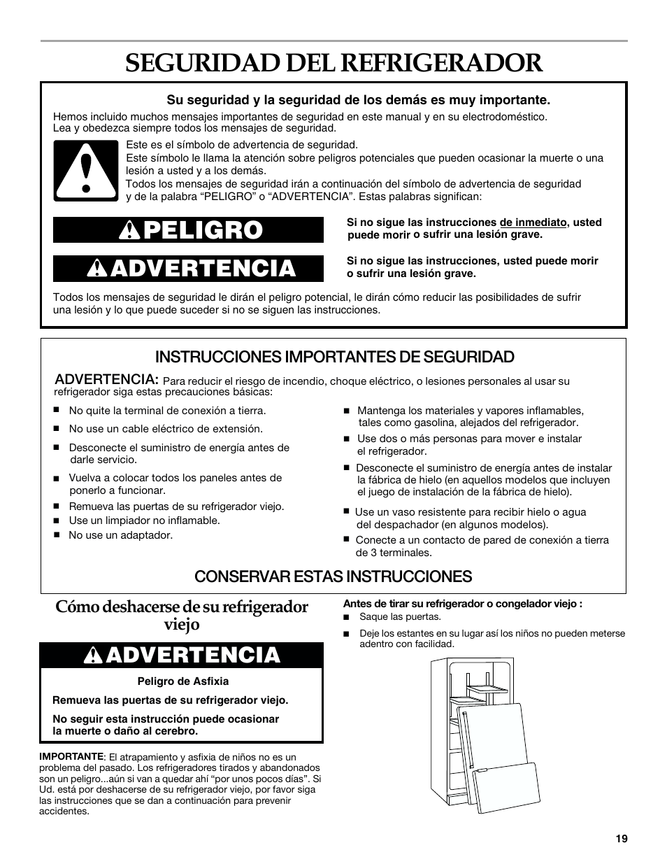 Spanish version, Seguridad del refrigerador, Peligro | Advertencia, Cómo deshacerse de su refrigerador viejo, Instrucciones importantes de seguridad, Conservar estas instrucciones | KITCHENAID 2215851A User Manual | Page 18 / 51