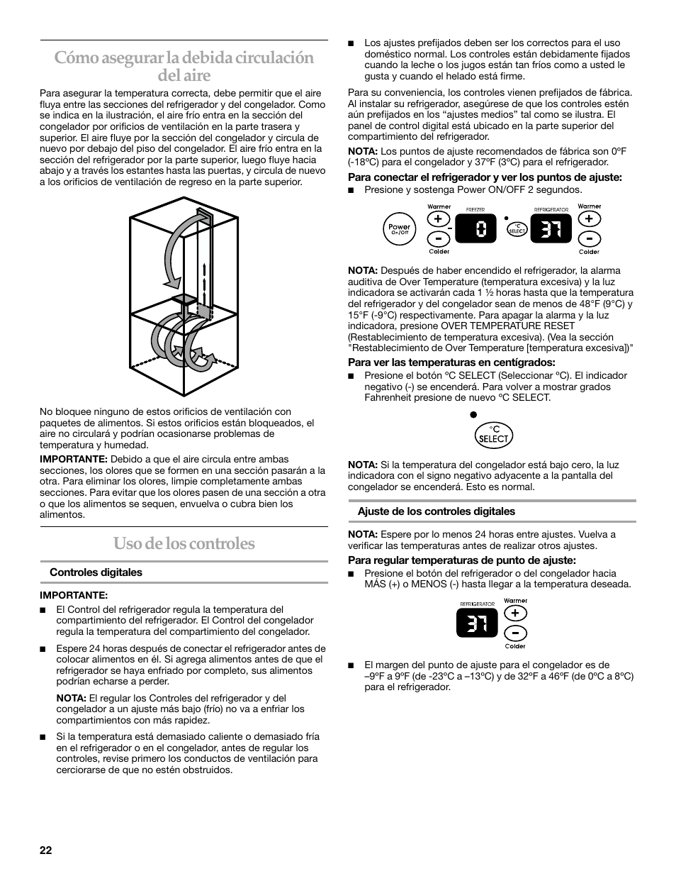 Cómo asegurar la debida circulación del aire, Uso de los controles | KITCHENAID 2215851A User Manual | Page 21 / 51