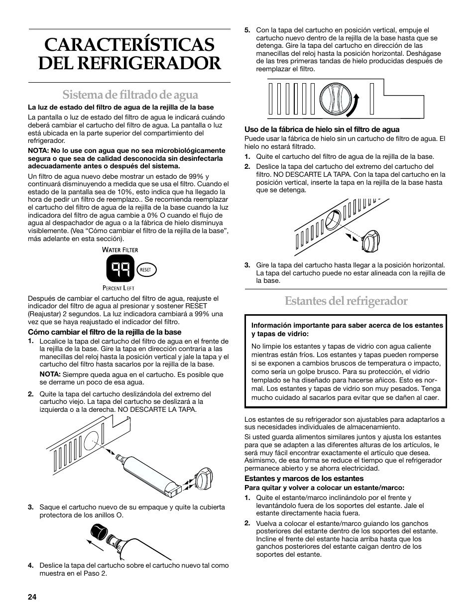 Características del refrigerador, Sistema de filtrado de agua, Estantes del refrigerador | KITCHENAID 2215851A User Manual | Page 23 / 51