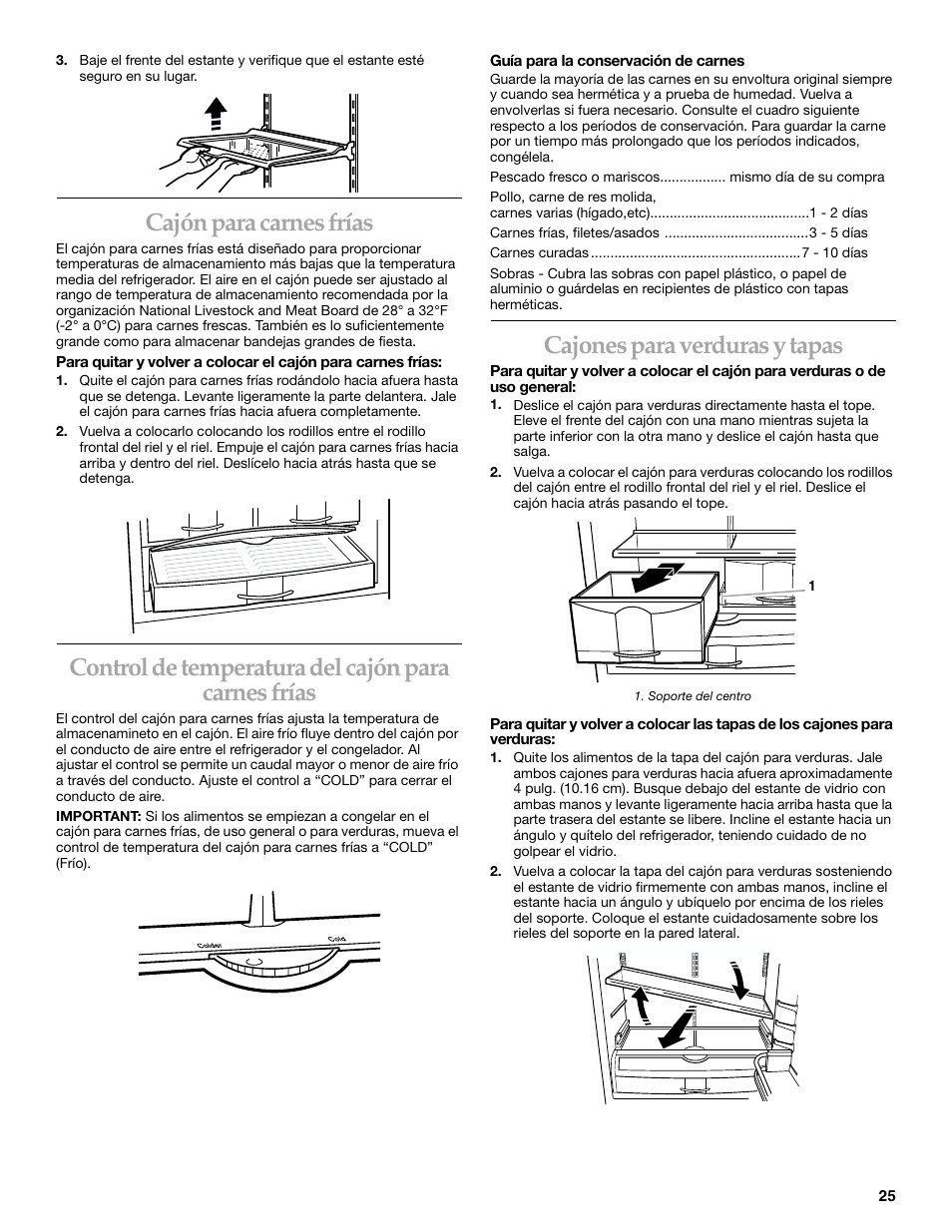 Cajón para carnes frías, Control de temperatura del cajón para carnes frías, Cajones para verduras y tapas | KITCHENAID 2215851A User Manual | Page 24 / 51